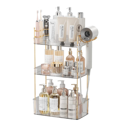 shuang qing Bathroom Counter Organizer with Hair Dryer Holder, Hair Tool Countertop Storage, Cosmetics Skincare Shelf Organizer, Makeup Organizer Perfume for Dresser Vanity Tray(3 Tier-White)