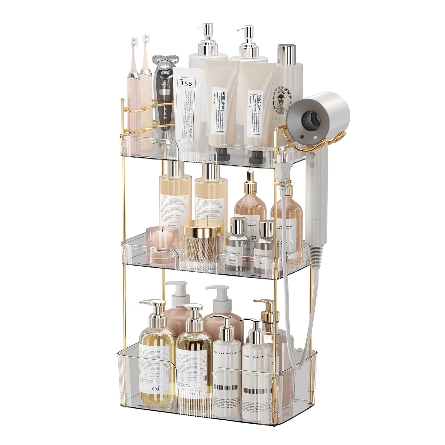 shuang qing Bathroom Counter Organizer with Hair Dryer Holder, Hair Tool Countertop Storage, Cosmetics Skincare Shelf Organizer, Makeup Organizer Perfume for Dresser Vanity Tray(3 Tier-White)