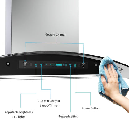IKTCH Upgrated 30 inch Island Mount Range Hood, 900 CFM Ducted Range Hood with 4 Speed Fan, Stainless Steel& Tempered Glass with Gesture Sensing&Touch Control Making life Smarter IKIS01-30