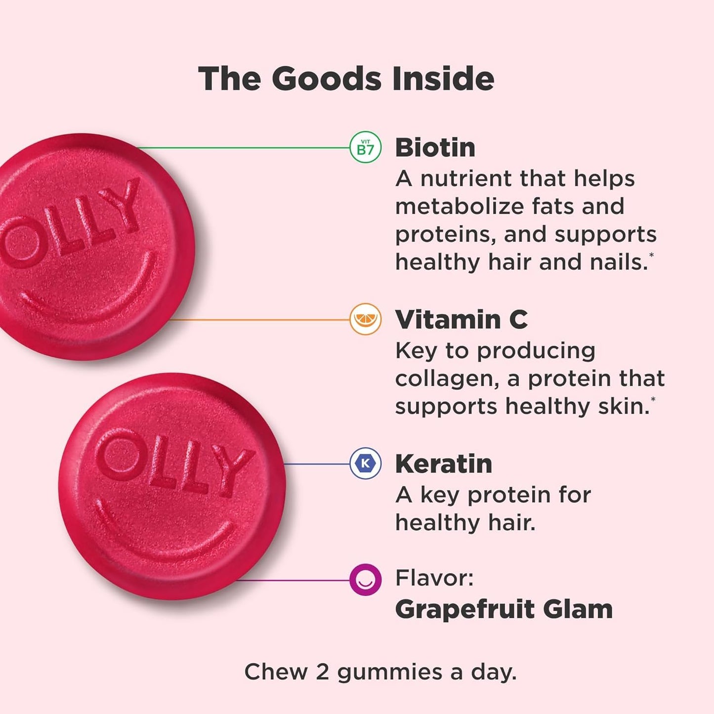 OLLY Undeniable Beauty Gummy, for Healthy Hair, Skin & Nails,* Biotin, Vitamins C & E, Keratin, Chewable Supplement, Grapefruit Flavored, 60 Day Supply - 120 Count
