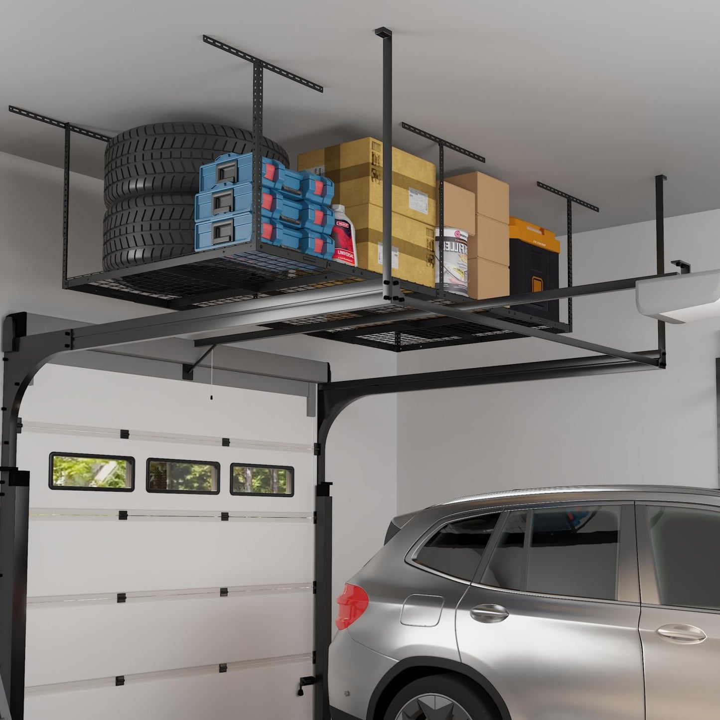FLEXIMOUNTS 4x8 Overhead Garage Storage Rack, Adjustable Organization System, Heavy-Duty Metal Ceiling Racks, 750lbs Weight Capacity, Black, Classic Series
