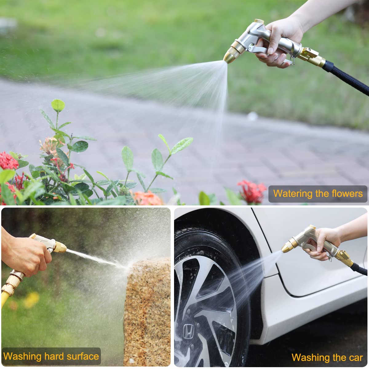 FANHAO Garden Hose Nozzle with Brass Tip, 100% Heavy Duty Metal Spray Nozzle High Pressure Water Nozzle with Adjustable Spray Patterns for Watering Plants, Washing Cars and Showering Pets