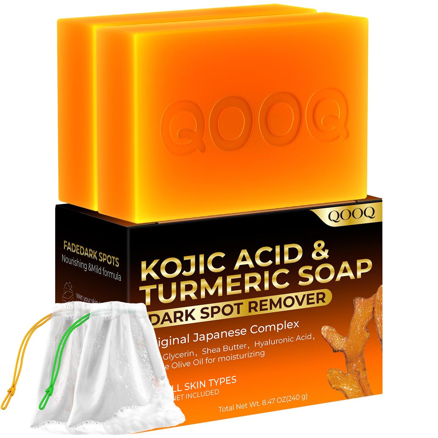 QOOQ Turmeric Kojic Acid Soap Dark Spot Remover for face and body with Vitamin C, Retinol, Collagen, Original Japanese Complex - Vitamin E, Shea Butter, Castile Olive Oil (120g x 2Bars)