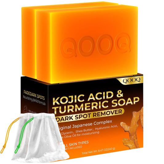 QOOQ Turmeric Kojic Acid Soap Dark Spot Remover for face and body with Vitamin C, Retinol, Collagen, Original Japanese Complex - Vitamin E, Shea Butter, Castile Olive Oil (120g x 2Bars)