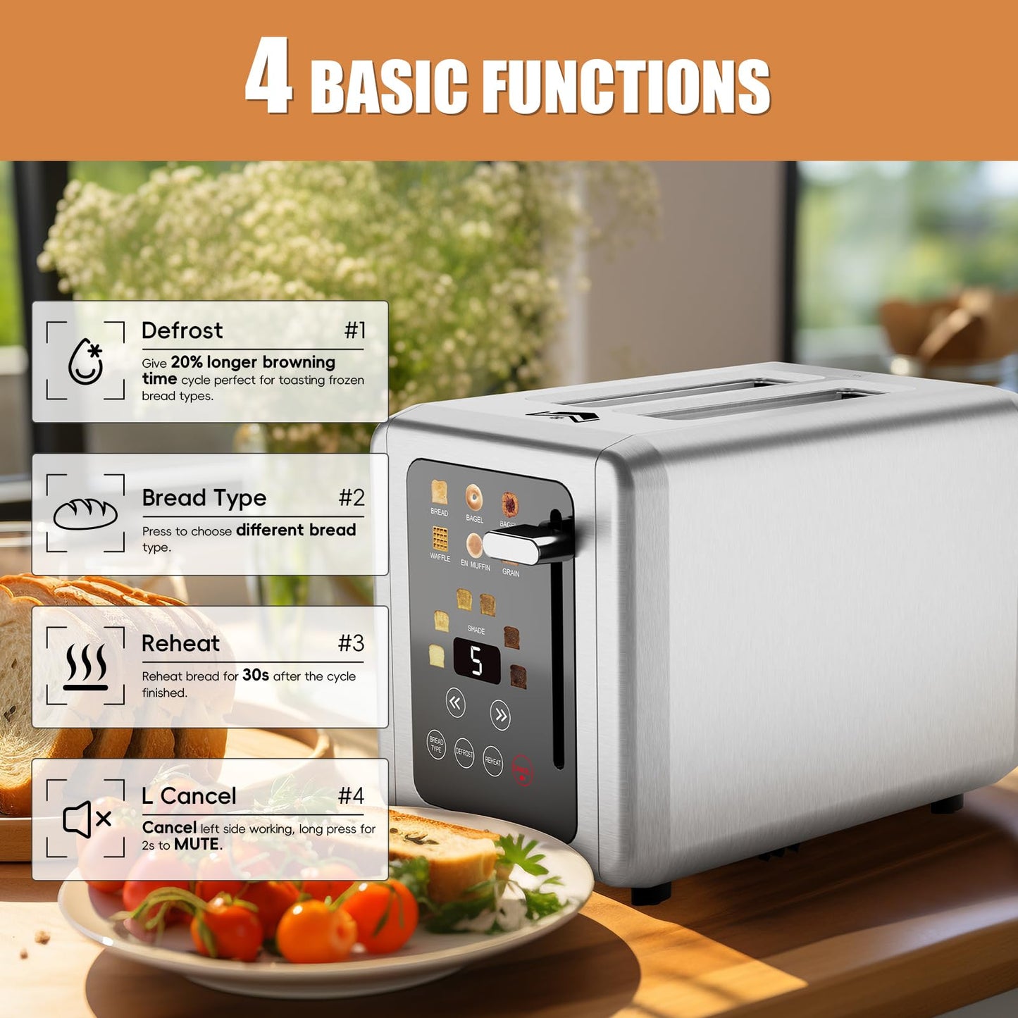 WUNLY Touch screen Toaster 2 slice,Stainless Steel Digital Timer Toasters with Sound Function,6 Bread Types & 6 Shade Settings,Smart Extra Wide Slots Toaster with Bagel,Defrost Functions