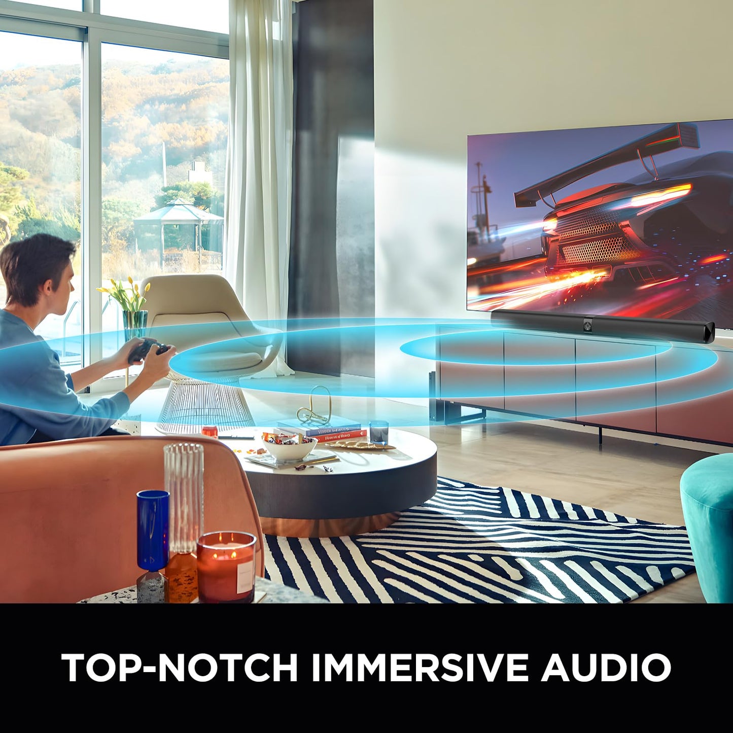 Assistrust Sound Bar for Smart TV, 60W Soundbar with Bluetooth/ARC/Opt/AUX Connect, Auto Volume Boost, 3 Equalizer Modes, 2 in 1 Detachable Soundbar for TV/PC/Gaming/Projectors