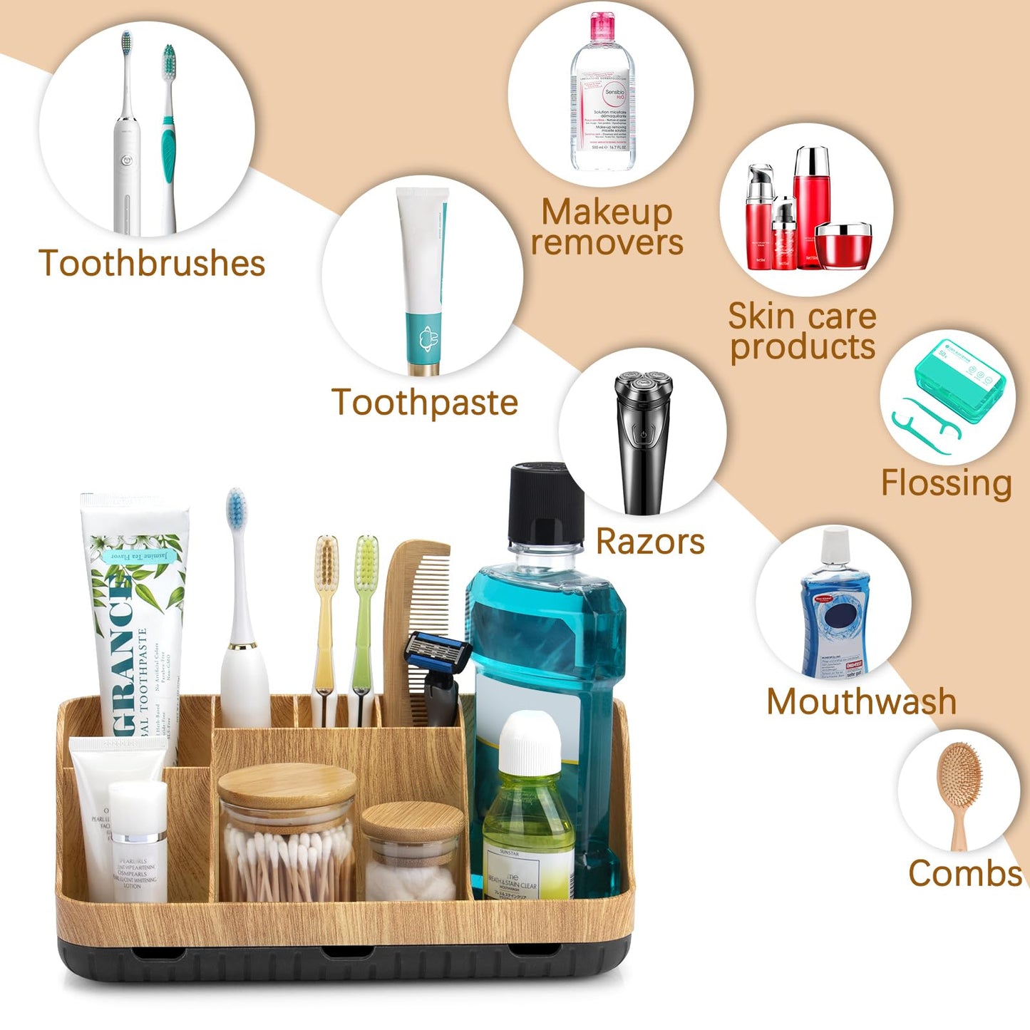 GFWARE Bathroom Organizers and Storage - Detachable 7 Slots Kids Electric Toothbrush and Toothpaste Holde Drainage for Bathroom Accessories Organization Counter Vanity Storage, Wood