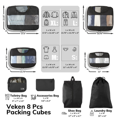 Veken 8 Set Packing Cubes for Suitcases, Travel Essentials for Carry on, Luggage Organizer Bags Set for Travel Accessories in 4 Sizes (Extra Large, Large, Medium, Small), Black