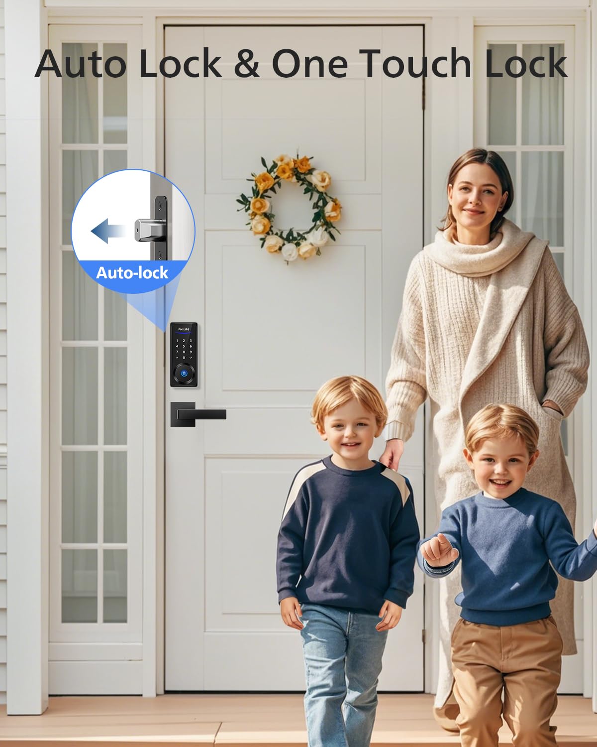 Philips Fingerprint Door Lock with 2 Lever Handles Set, Keyless Entry Door Lock with Handles, Electronic Door Lock Set with Code, Door Lock Set for Front Door,Auto Lock, Touchscreen Keypad with Key