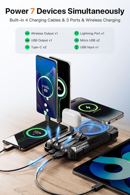 jskei Power Bank 49800mAh Solar Portable Charger Wireless Charging USB-C 15W Fast Charging with 4 Built-in Cables LED Flashlight Battery Pack Compatible with iPhone, iPad, Galaxy, Perfect for Camping