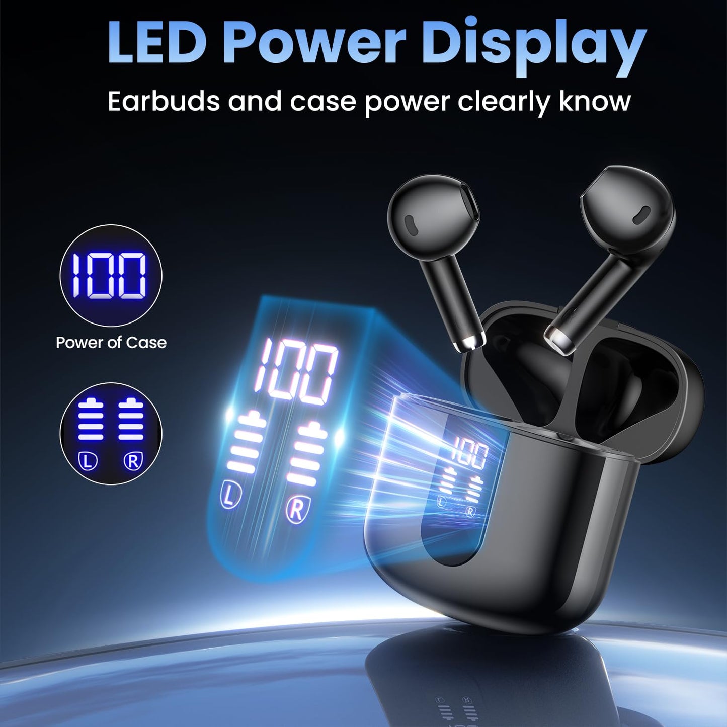 Haqquio Wireless Earbuds, Bluetooth Headphones with Deep Bass Stereo, 48H Playback Ear Buds with LED Power Display, Lightweight, IPX7, in-Ear Earphones with Mic for iPhone/Android/iPad, Black