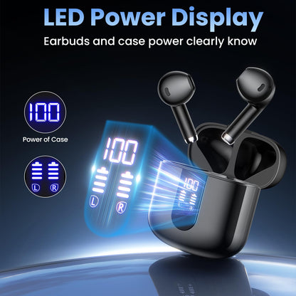 Haqquio Wireless Earbuds, Bluetooth Headphones with Deep Bass Stereo, 48H Playback Ear Buds with LED Power Display, Lightweight, IPX7, in-Ear Earphones with Mic for iPhone/Android/iPad, Black