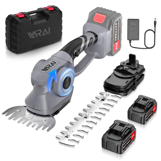 VARAI Hedge Trimmer Cordless, 2 in 1 Cordless Hedge Trimmer with 2600mAh Battery*2, High Power and Large Capacity Hedge Shears for Gardens, Patios and Lawns Charger Included