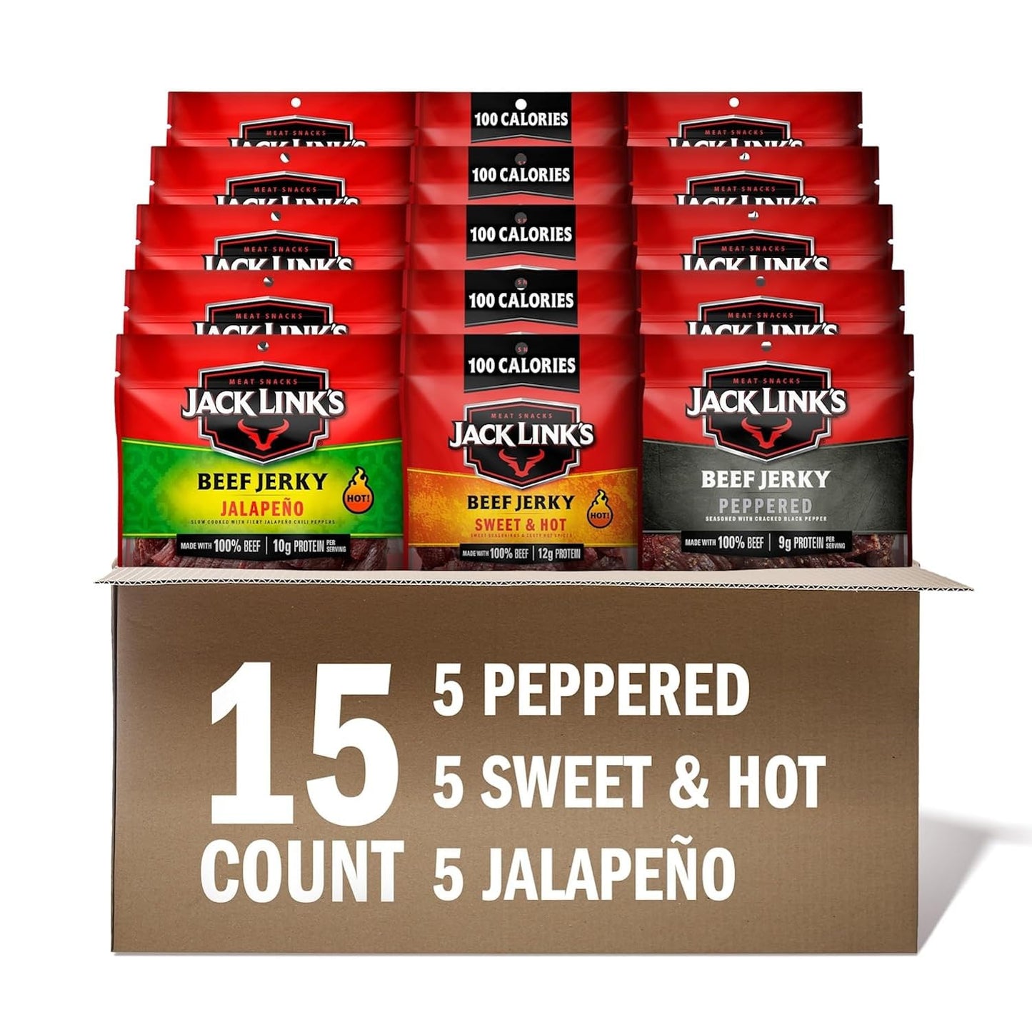 Jack Link's Beef Jerky Bold Variety Pack - Includes Sweet & Hot, Jalapeno and Peppered Jerky, Great Gifts for Dad & Men, Good Source of Protein, Meat Snacks Made with 100% Beef - 1.25 Oz (Pack of 15)