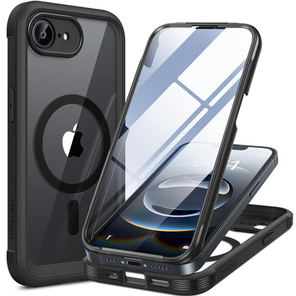 Miracase Magnetic for iPhone 16e Case Full-Body Phone with Built-in Glass Screen Protector, [Compatible with MagSafe] Military Drop Proof 16 E Cover Bumper 6.1 inch, Black