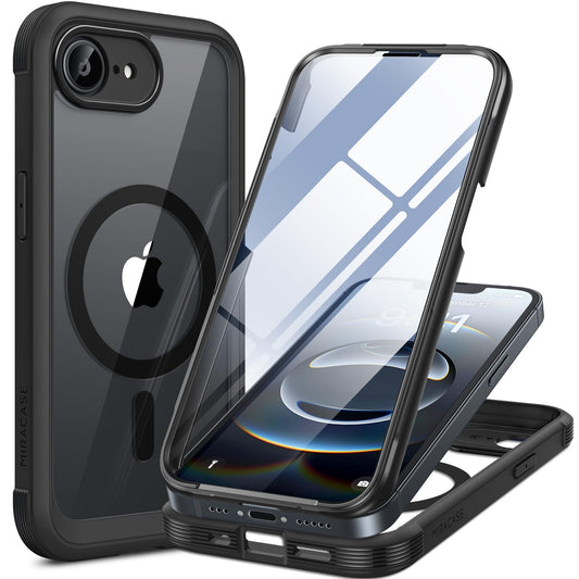 Miracase Magnetic for iPhone 16e Case Full-Body Phone with Built-in Glass Screen Protector, [Compatible with MagSafe] Military Drop Proof 16 E Cover Bumper 6.1 inch, Black