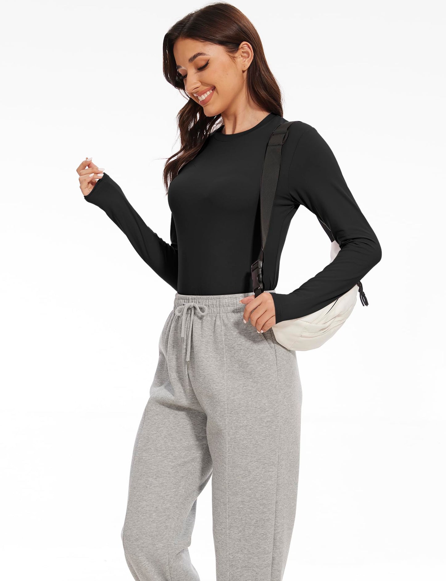 Kinglaman 5 Pack Womens Basic Long Sleeve Shirts Crew Neck Slim-Fit Fitted T Shirts Tops Undershirts Underscrub Baselayer 2 Black 2 White 1 Heather Grey Medium