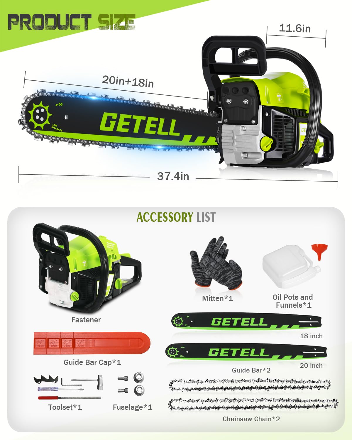 Snoonwee Gas Powered Chainsaw with 20 and 18 Inch Bar Dual System, 58cc 3.6 HP Professional 2-Stroke Engine, Easy Start and Anti-Vibration for Farm Ranch or Heavy Duty Wood Cutting (Green)