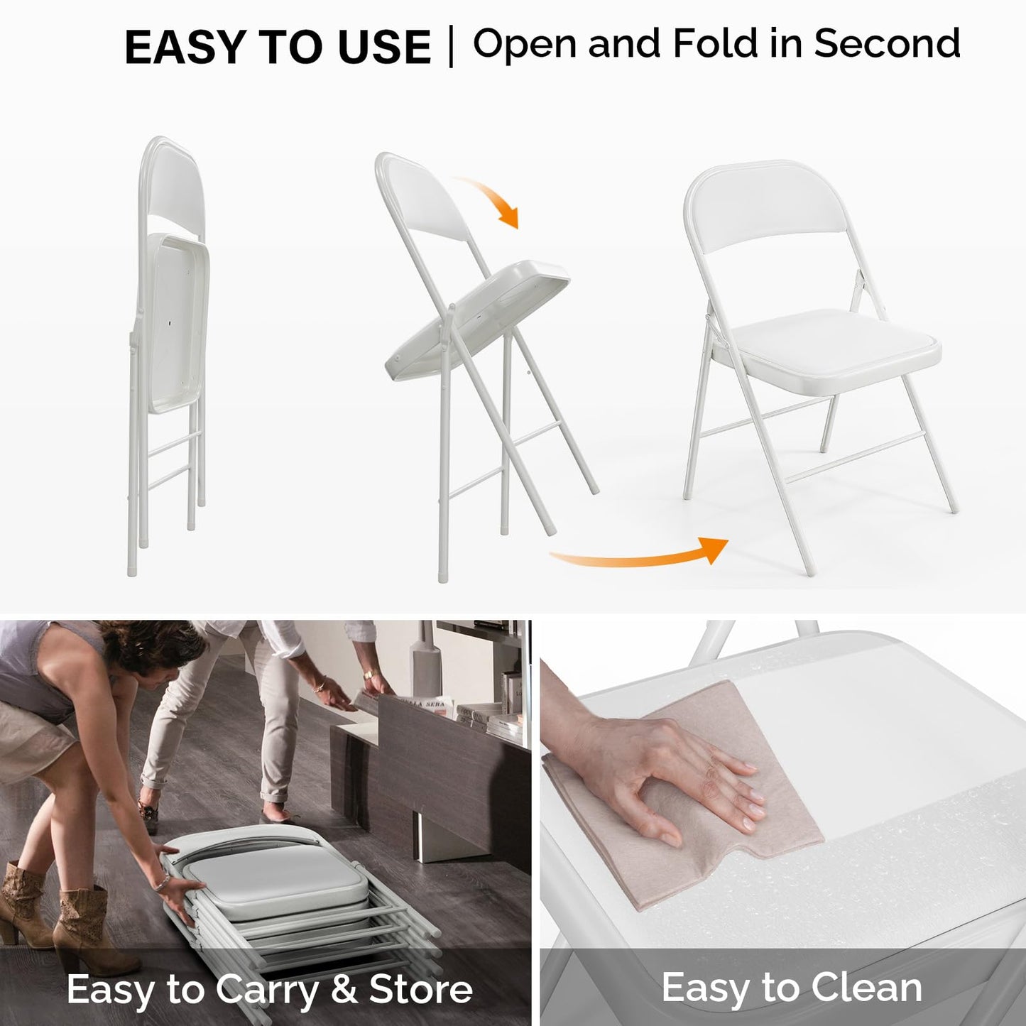 VINGLI 4 Pack Folding Chairs with Padded Seats, Metal Frame with Pu Leather Seat & Back, Capacity 350 lbs, White
