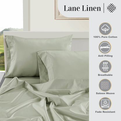LANE LINEN 100% Egyptian Cotton Bed Sheets sábanas Queen, Soft & Comfy Luxury Hotel Like Thick Bedding Sheets & Pillowcase Set, Machine Wash Cooling 16'' Queen Deep Pocket Sheet Set Mineral