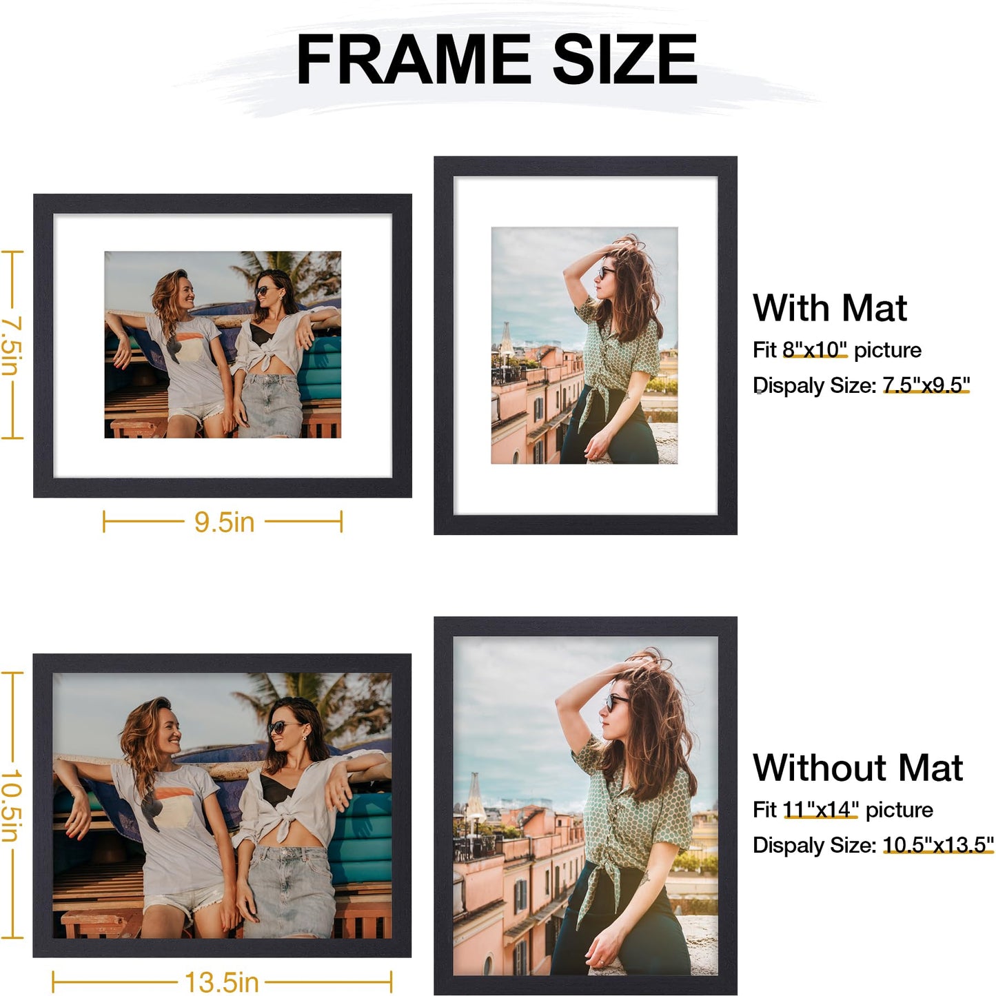 Vittanly 11x14 Picture Frame, Display Pictures 8x10 with Mat or 11x14 without Mat, Photo Frame for Wall Mounting, Black, 1 Pack
