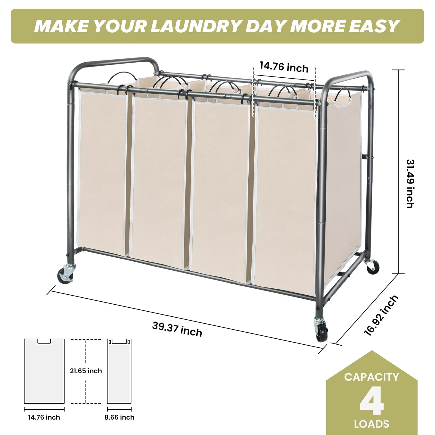STORAGEIDEAS Laundry Sorter Hamper with Wheels, Heavy-Duty Laundry Sorter Rolling Cart, Lockable Wheels and Removable Bags, 4 Sections, Beige