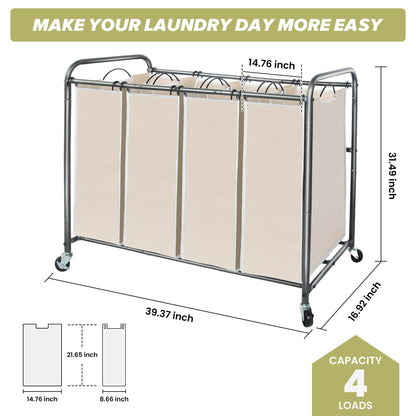 STORAGEIDEAS Laundry Sorter Hamper with Wheels, Heavy-Duty Laundry Sorter Rolling Cart, Lockable Wheels and Removable Bags, 4 Sections, Beige