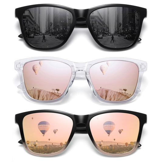 MEETSUN Polarized Sunglasses for Women Men Trendy Classic Retro Designer Style Fashion UV400 Protection 3 PACK Black Lens Rose Gold Pink Mirrored
