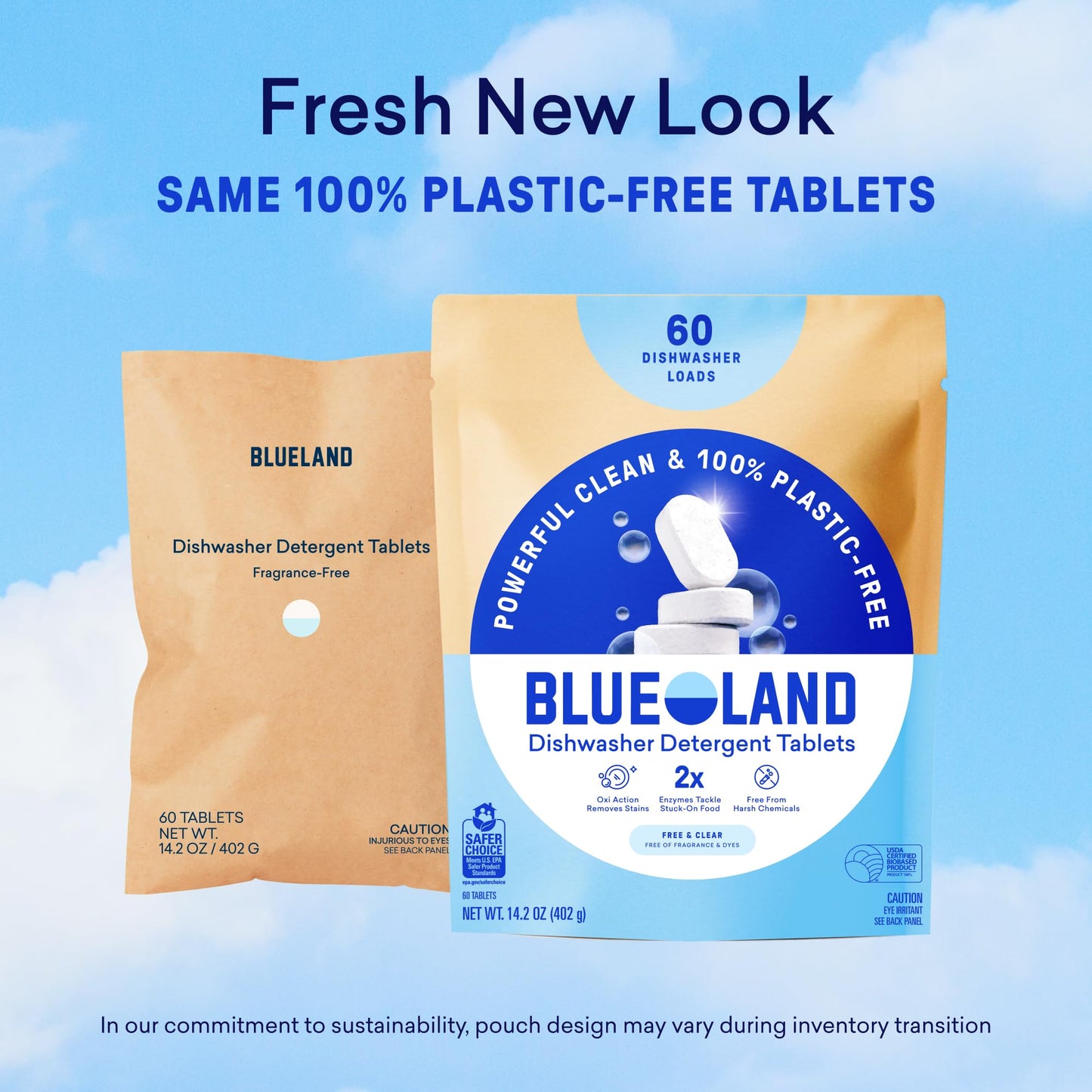 BLUELAND 100% Plastic-Free Dishwasher Detergent Tablets, 60 Count, Free & Clear, Eco-Friendly Dishwashing Pods, Natural, USDA Certified biobased