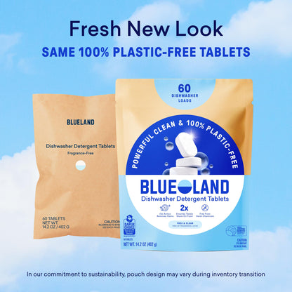 BLUELAND 100% Plastic-Free Dishwasher Detergent Tablets, 60 Count, Free & Clear, Eco-Friendly Dishwashing Pods, Natural, USDA Certified biobased