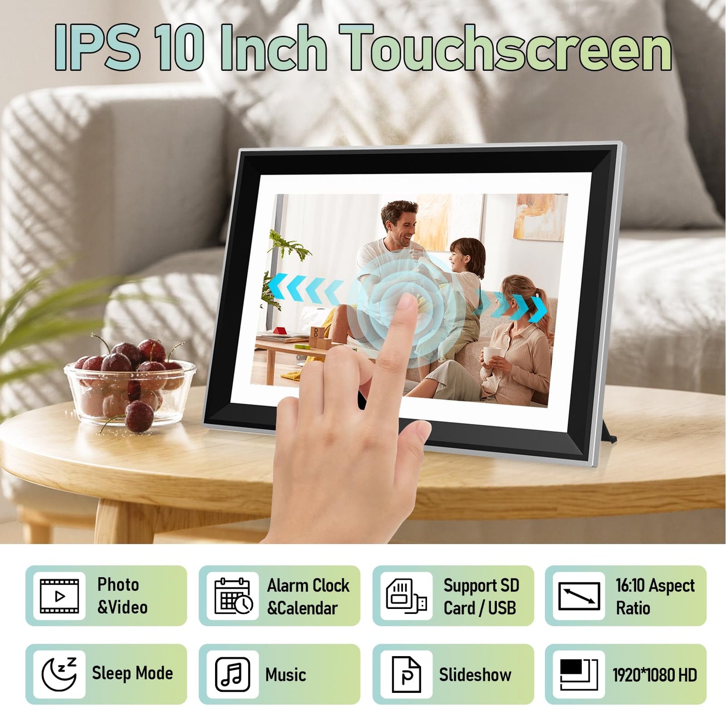 Digital Picture Frame WiFi 10.1 Inch Smart Digital Photo Frames with 1280x800 HD IPS Touch Screen Electronic Picture Frame Built in 16GB Share Photos Video via App, Auto-Rotate (32GB Card Include)