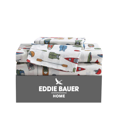 Eddie Bauer - Twin Sheets, Cotton Percale Bedding Set, Crisp & Cool Home Decor (Kayak Adventure, Twin)