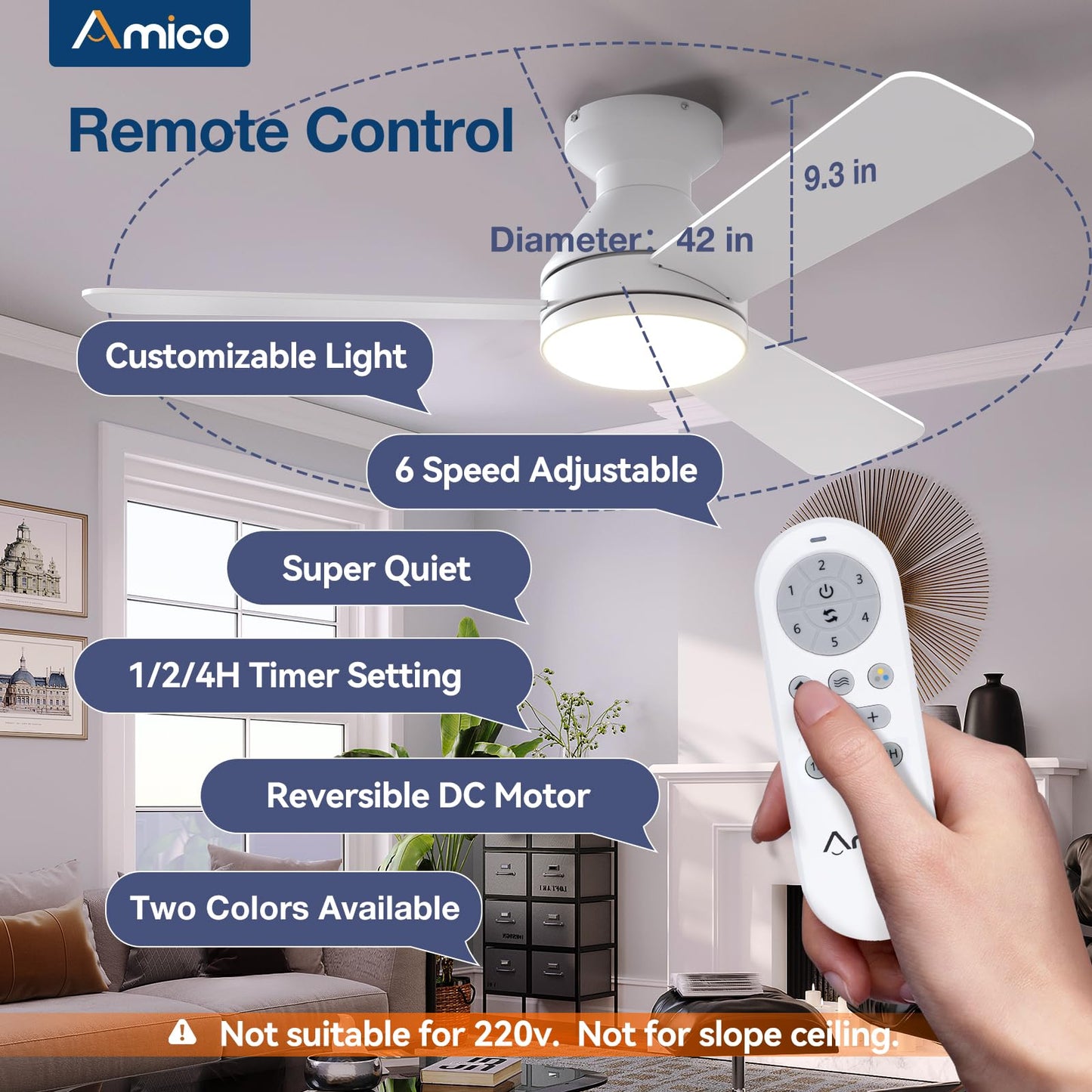 Amico Ceiling Fans with Lights, 42 inch Low Profile Ceiling Fan with Light and Remote Control, Flush Mount, Reversible, 3CCT, Dimmable, Noiseless, White Ceiling Fan for Bedroom, Indoor/Outdoor Use