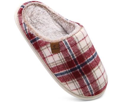 COFACE Mens Red Flano Plaid Cozy Memory Foam scuff Slippers Slip On Warm House Shoes Indoor/Outdoor With Best Arch Support Size 10