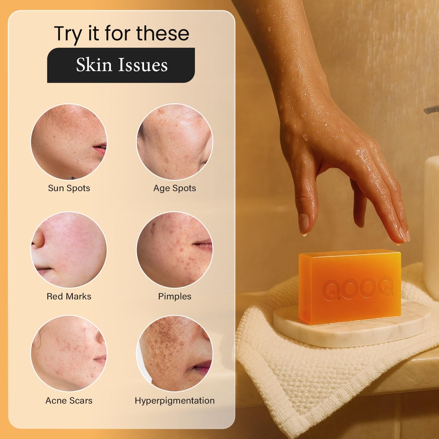 QOOQ Turmeric Kojic Acid Soap Dark Spot Remover for face and body with Vitamin C, Retinol, Collagen, Original Japanese Complex - Vitamin E, Shea Butter, Castile Olive Oil (120g x 2Bars)