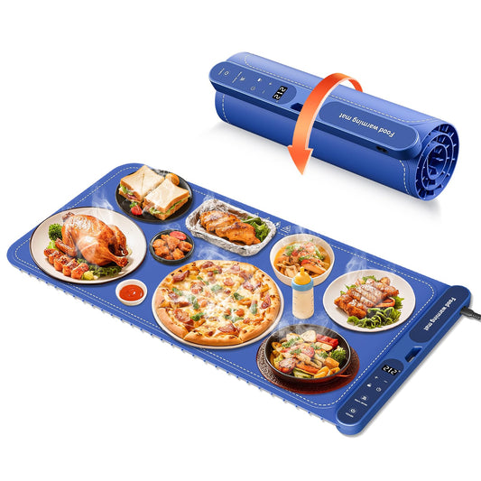 Warming Mat for Food Extra Large 32"x15", Electric Silicone Food Warmer Trays for Chafing Dishes & Buffet,Portable Countertop Food Warmers for Parties, 7-Level Temp 8-Hour Timer， Blue