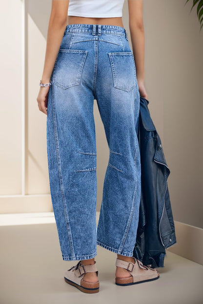 Allimy Womens Jeans High Waisted Mid Rise Baggy Loose Fit Ankle Barrel Leg Y2K Boyfriend Horseshoe Cropped Wide Leg Jeans for Women Trendy 2025 Denim Capri Pants Women Navy Blue Size 8