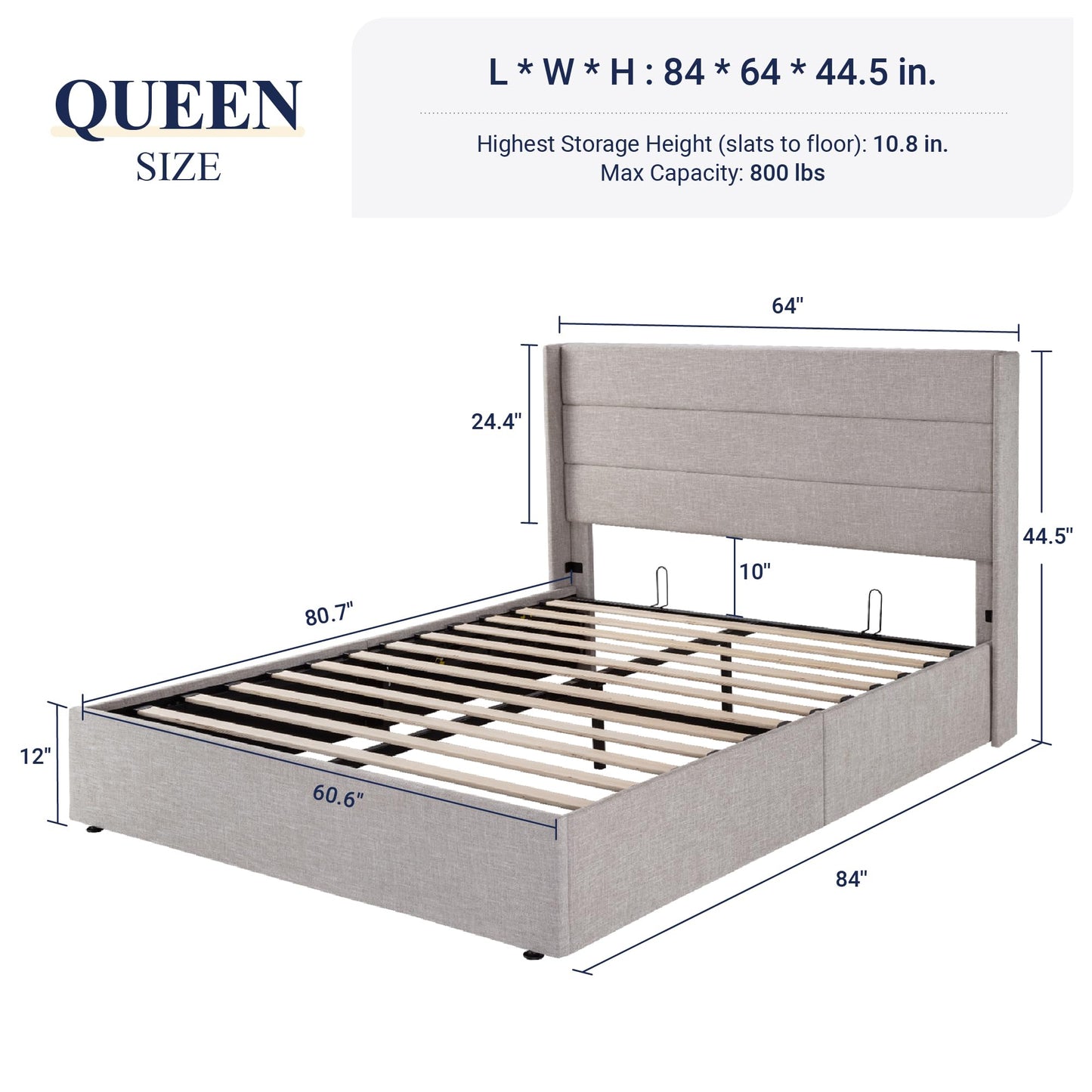 Allewie Queen Size Lift Up Storage Bed, Modern Wingback Headboard, No Box Spring Needed, Hydraulic Storage, Light Beige