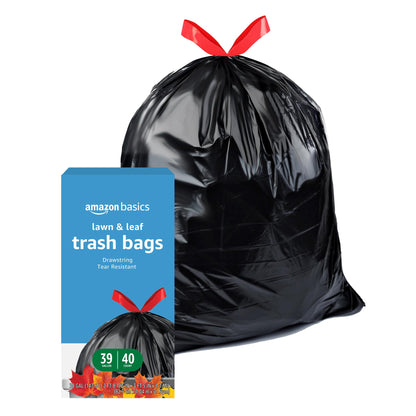 Amazon Basics Lawn & Leaf Drawstring Trash Bags, Unscented, 39 Gallon, 40 Count