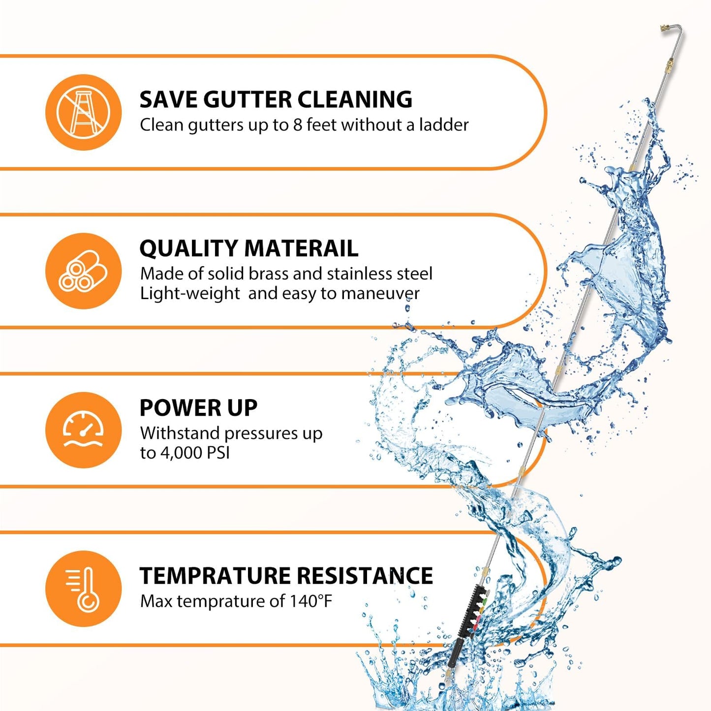 Sealegend 8FT Pressure Washer Extension Wand for Gutter Cleaning, Upgrade Power Washer Accessories with 6 Spray Nozzle Tips, 3 Gutter Cleaner Attachments Curved Rod, 1/4" Quick Connect, 4000 PSI