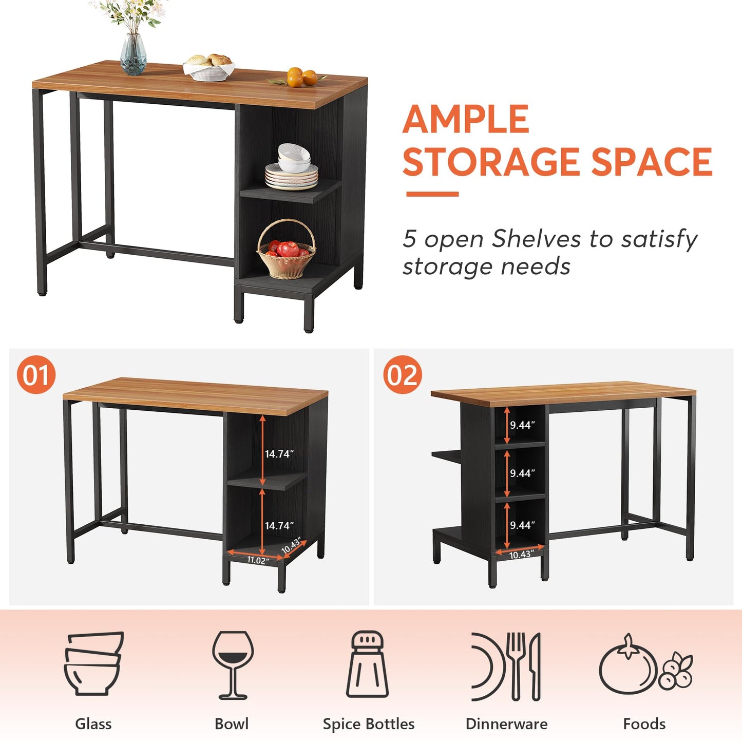 Tribesigns Kitchen Island, Kitchen Shelf Kitchen Bar Table with 5 Open Storage Shelves and Large Worktop, Industrial Butcher Block Island (Stools Not Included)