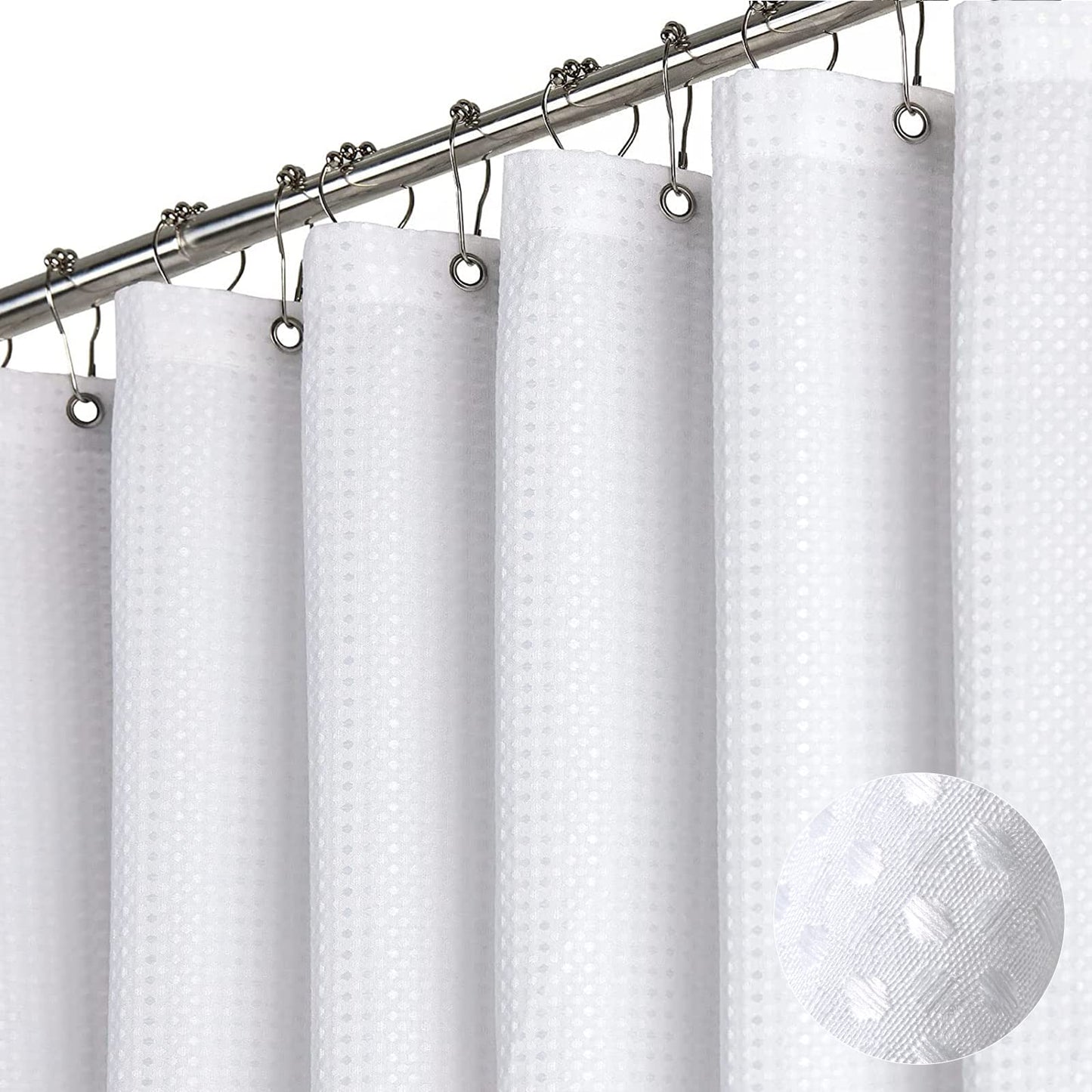 Dynamene White Fabric Shower Curtain， Waffle Weave Heavy Duty Hotel Luxury Cloth Shower Curtains for Bathroom, 72 Inch 256GSM Weighted Bath Curtain Set with 12 Plastic Hooks,72x72