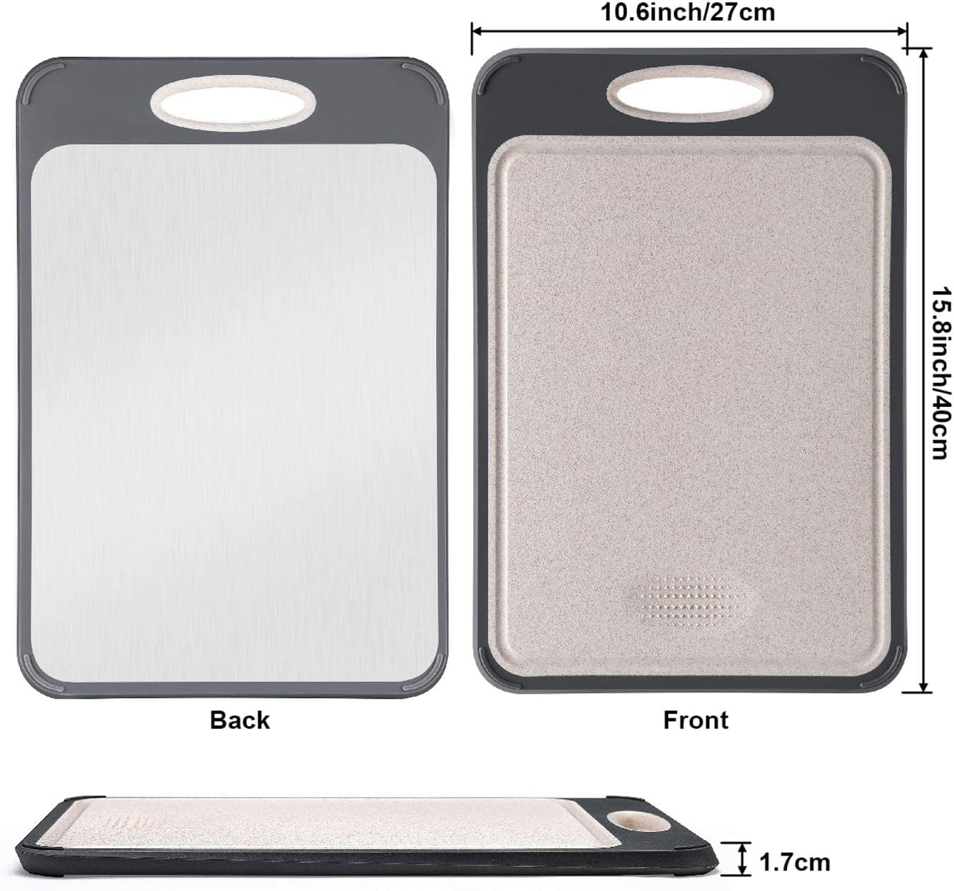 GUANCI Cutting Board for Kitchen, Stainless Steel Cutting Board Double Sided for Chopping Meat/Vegetables, Stainless Steel/Wheat Straw PP, Kitchen Gifts Easy to Clean Large 16”×11”