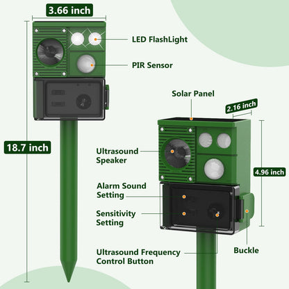 Solar Ultrasound Animal Repellent Outdoor, Deer Repellent Devices Skunk Repellent with Motion Detector & Flashing Light, Waterproof Raccoon Repeller, Cat Squirrel Rabbit Rat Repeller for Yard (Green)