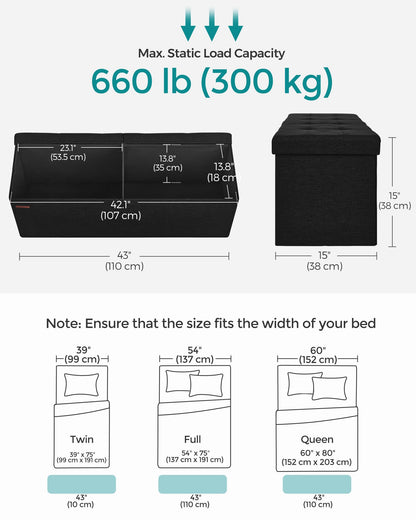 SONGMICS MAZIE Collection - 43 Inches Folding Storage Ottoman Bench, Ottoman Foot Rest, End of Bed Bench, Storage Chest, Load 660 lb, for Living Room, Bedroom, Entryway, Ink Black ULSF077B01
