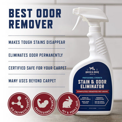 Rocco & Roxie Supply Co. Stain & Odor Eliminator for Strong Odor, 32oz Enzyme Pet Odor Eliminator for Home, Carpet Stain Remover for Cats & Dog Pee, Enzymatic Cat Urine Destroyer, Carpet Cleaner Spray