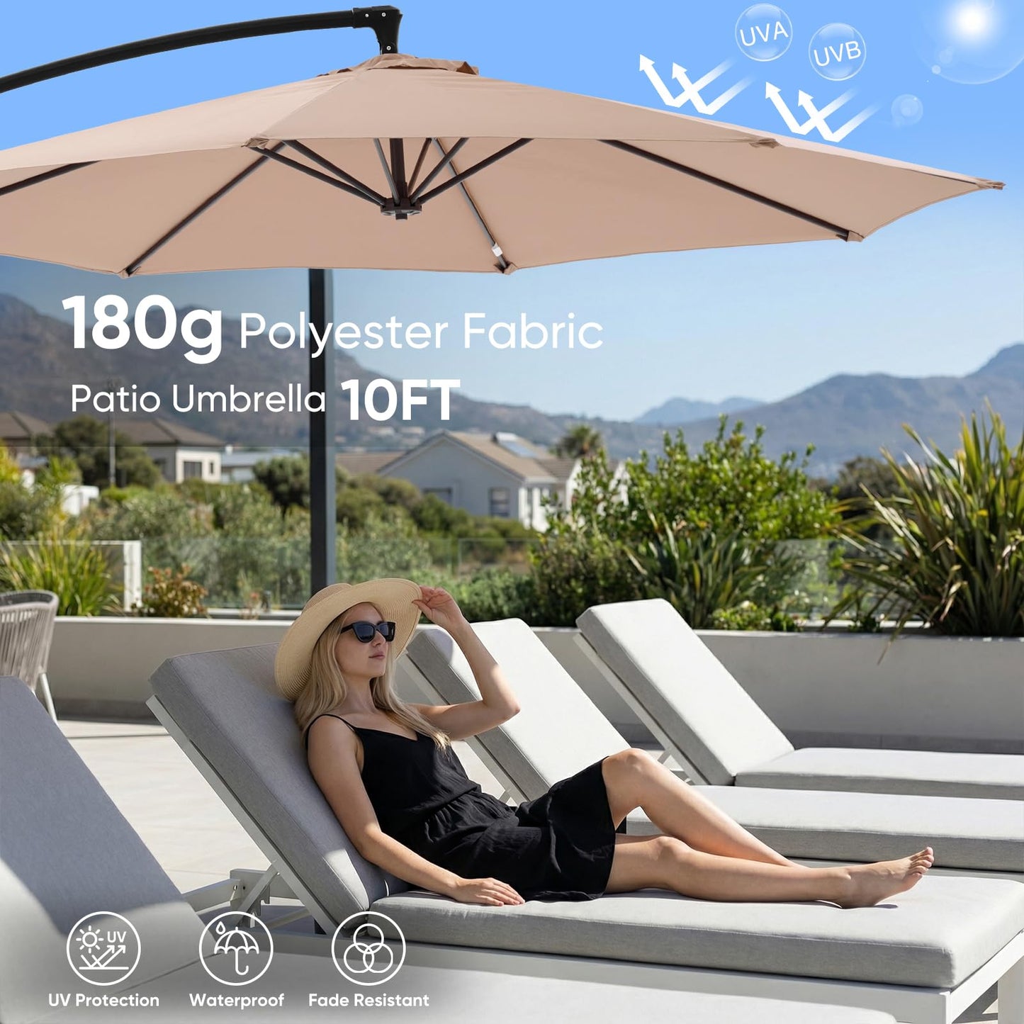 NEWBULIG 10FT Patio Umbrella with Base Included, Offset Cantilever Outdoor Patio Table Umbrella, UV Protection, Fade Resistant Fabric, Easy Tilt Adjustment for Pool, Deck, Garden, Backyard, Khaki