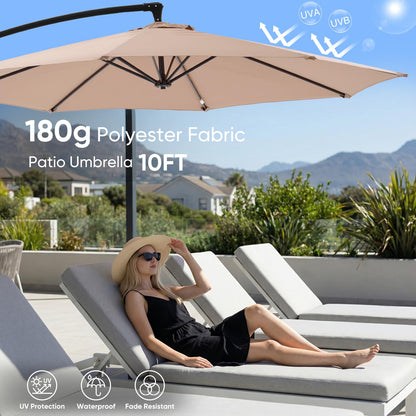 NEWBULIG 10FT Patio Umbrella with Base Included, Offset Cantilever Outdoor Patio Table Umbrella, UV Protection, Fade Resistant Fabric, Easy Tilt Adjustment for Pool, Deck, Garden, Backyard, Khaki