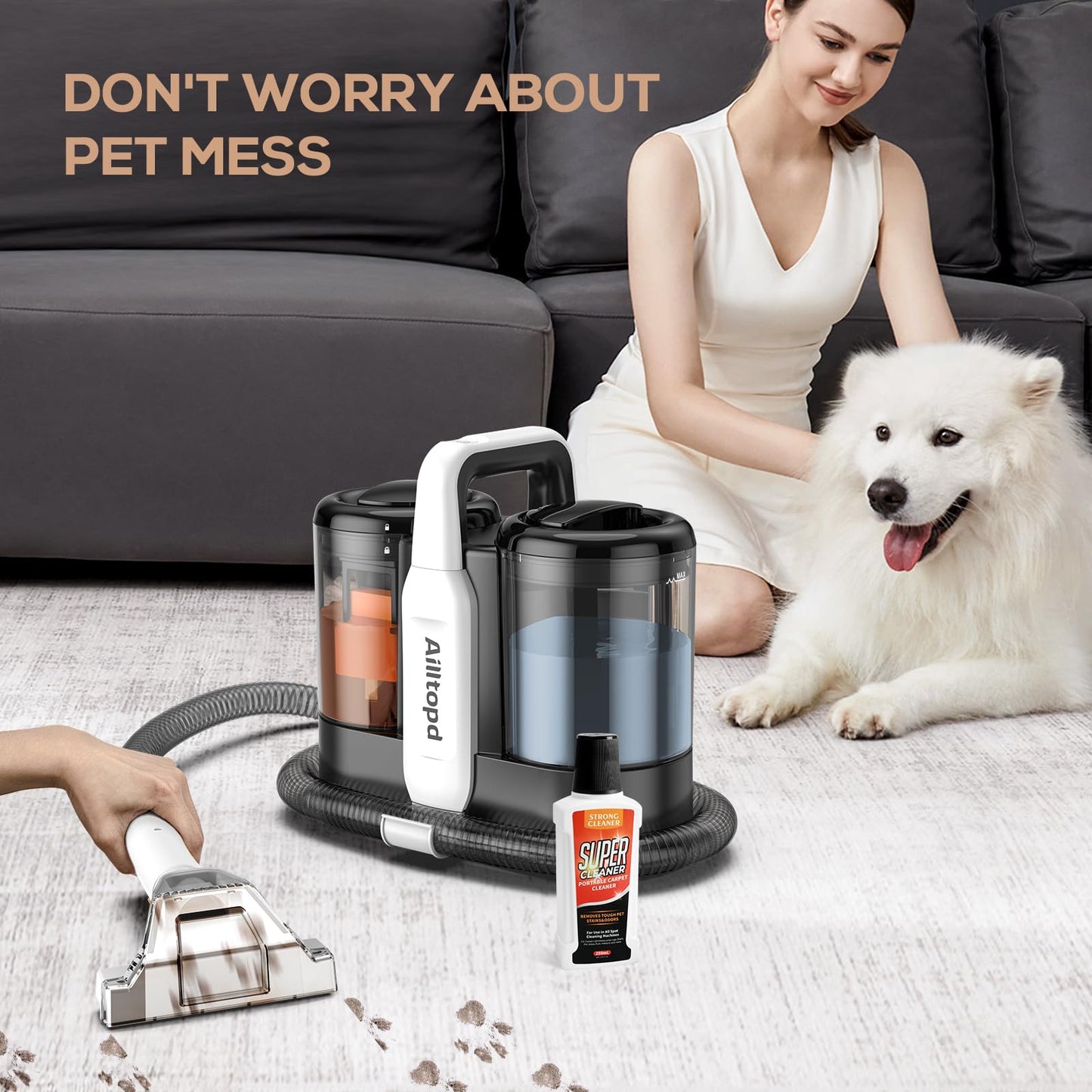 Ailltopd Carpet & Upholstery Spot Cleaner, Powerful Suction & Portable Spot Remover, Deep Stain Cleaning for Carpet, Pets, Stairs, Car Seat, Couch, with Dual Size BrushHead and Cleaning Solutions