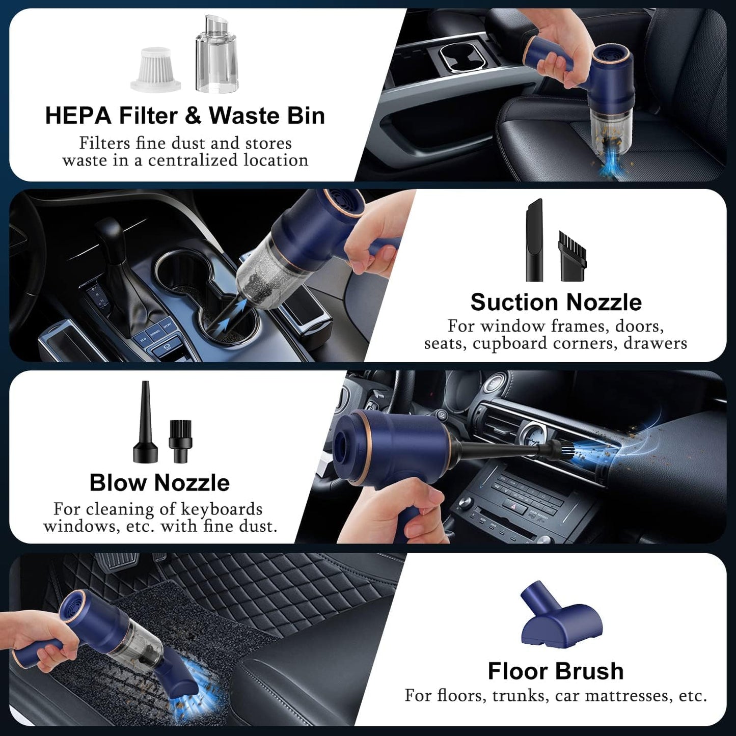 KMM Handheld Car Vacuum Cleaner, 9000Pa Vacuum Cleaner and Air Duster, 120W High Power Hand Held Vacuum with LED Light and Multi-Nozzles for Car, Home, Office, Pet